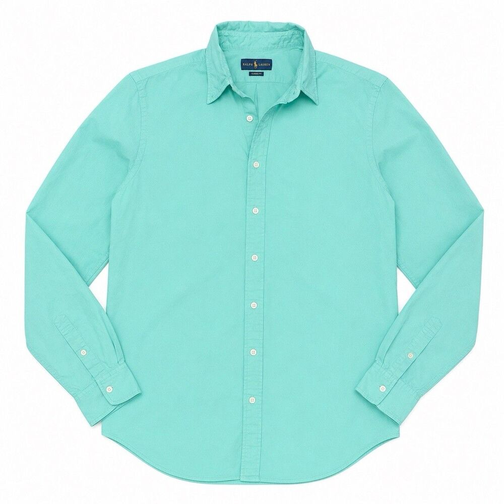 Polo Ralph Lauren Button Down Shirt Mens 17.5 34/35 Aqua Blue Custom Fit Cotton